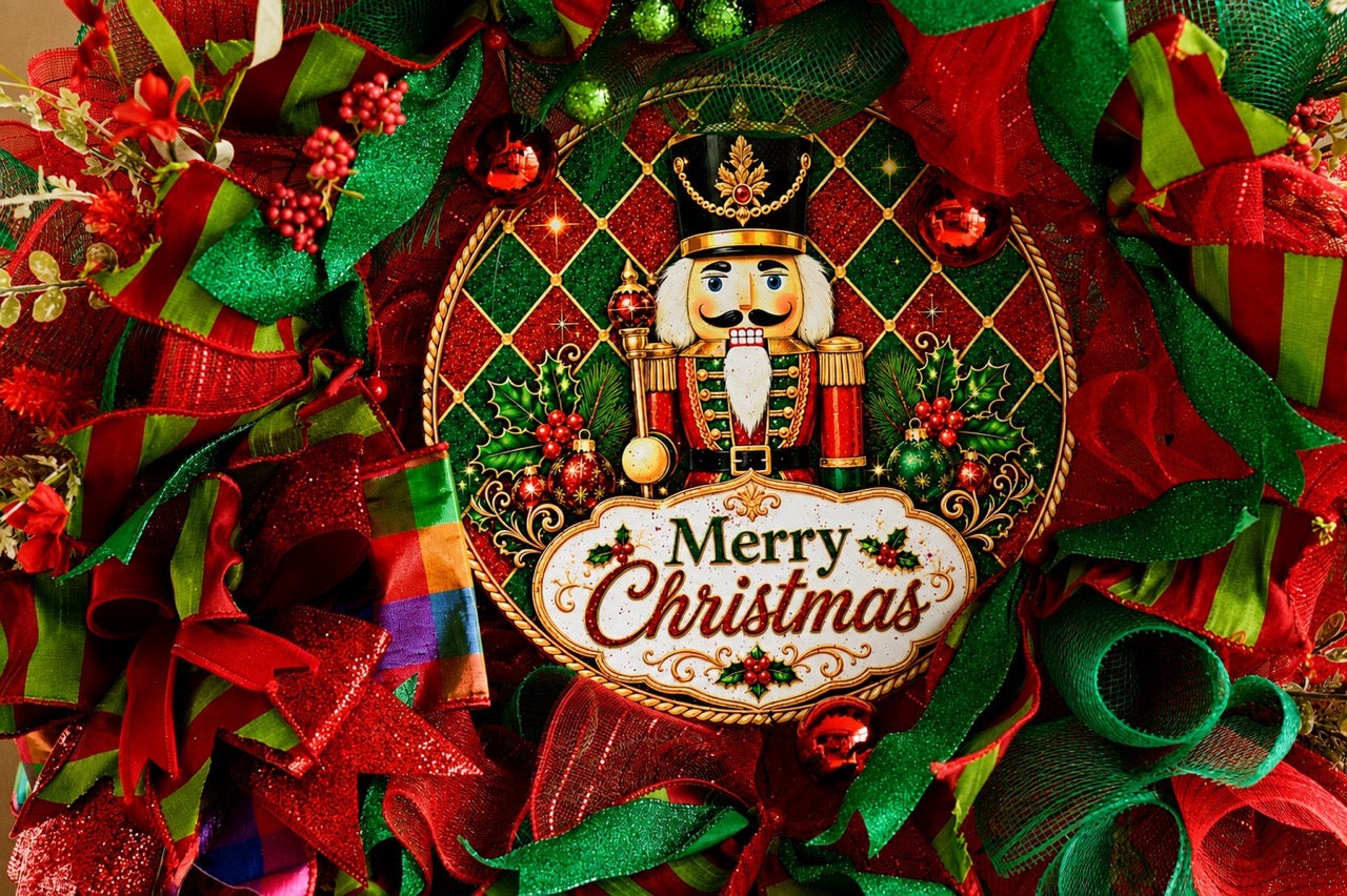 Handcrafted red and emerald green Nutcracker Christmas wreath with Merry Christmas centerpiece, glitter ribbon, ornaments, berries, mesh, and gold accents.