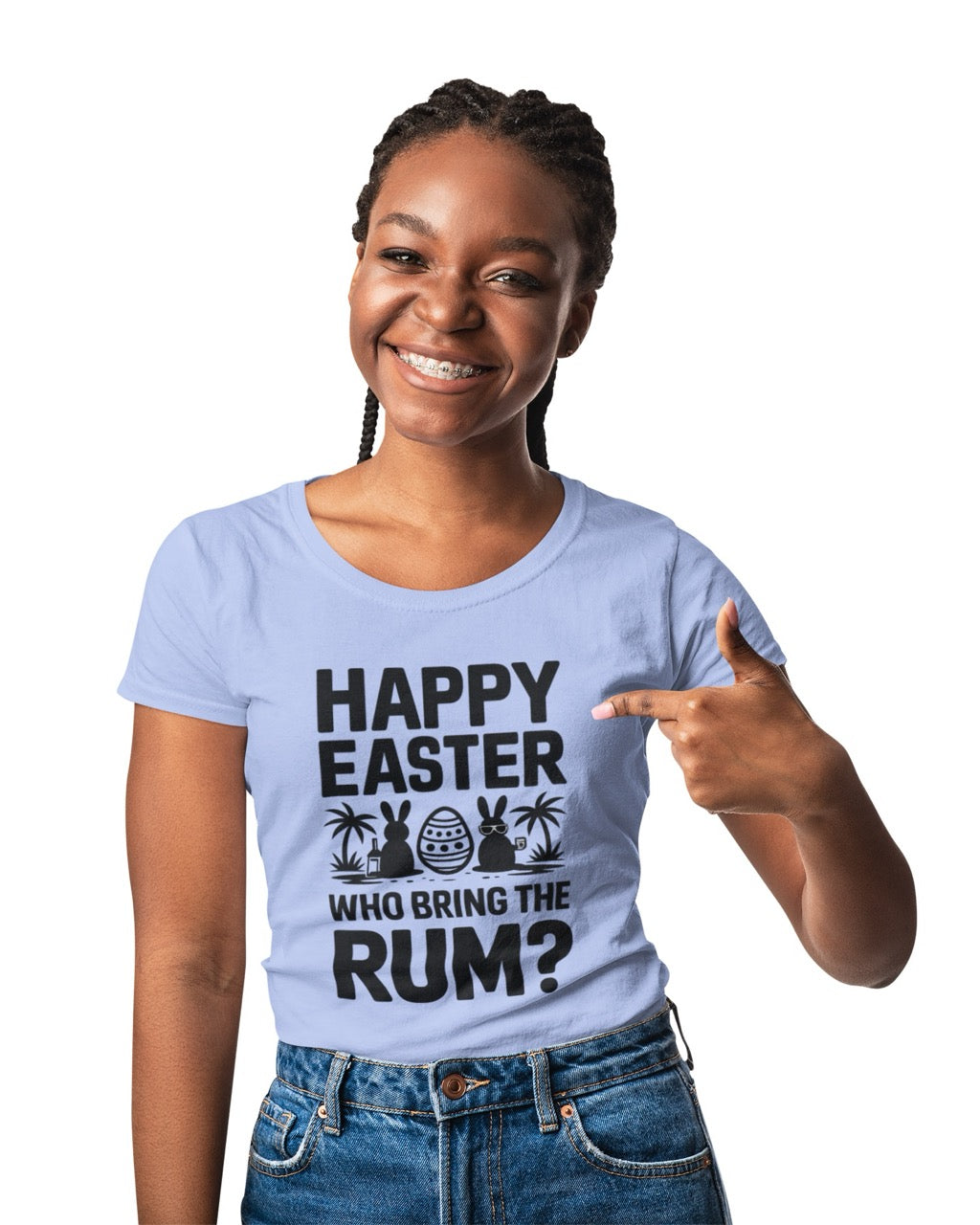 Humorous tropical Easter design featuring sunglasses, rum drink icon, palm trees, and the phrase “Happy Easter I Came for the Rum.”