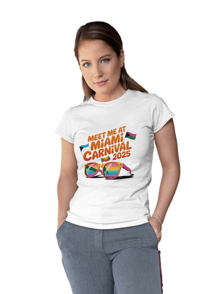 Person wearing a colorful Miami Carnival 2025 t-shirt featuring vibrant tropical artwork, flags, sunglasses, and festive Caribbean-inspired graphics.