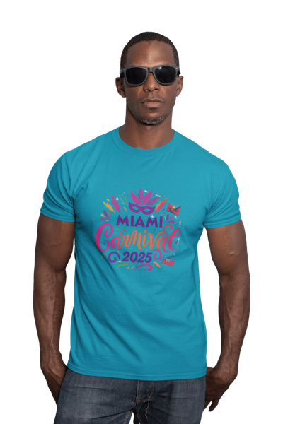 Person wearing a colorful Miami Carnival 2025 t-shirt featuring vibrant tropical artwork, flags, sunglasses, and festive Caribbean-inspired graphics.