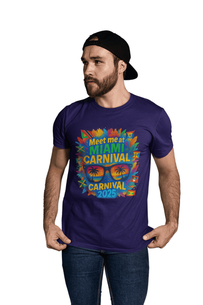 Man wearing a purple t-shirt featuring a vibrant "Meet Me at Miami Carnival 2025" design with colorful feathers, Caribbean flags, and sunglasses reflecting a tropical sunset scene.