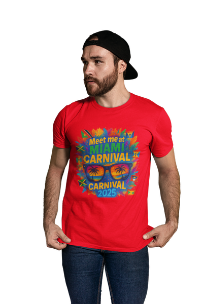 Man wearing a purple t-shirt featuring a vibrant "Meet Me at Miami Carnival 2025" design with colorful feathers, Caribbean flags, and sunglasses reflecting a tropical sunset scene.