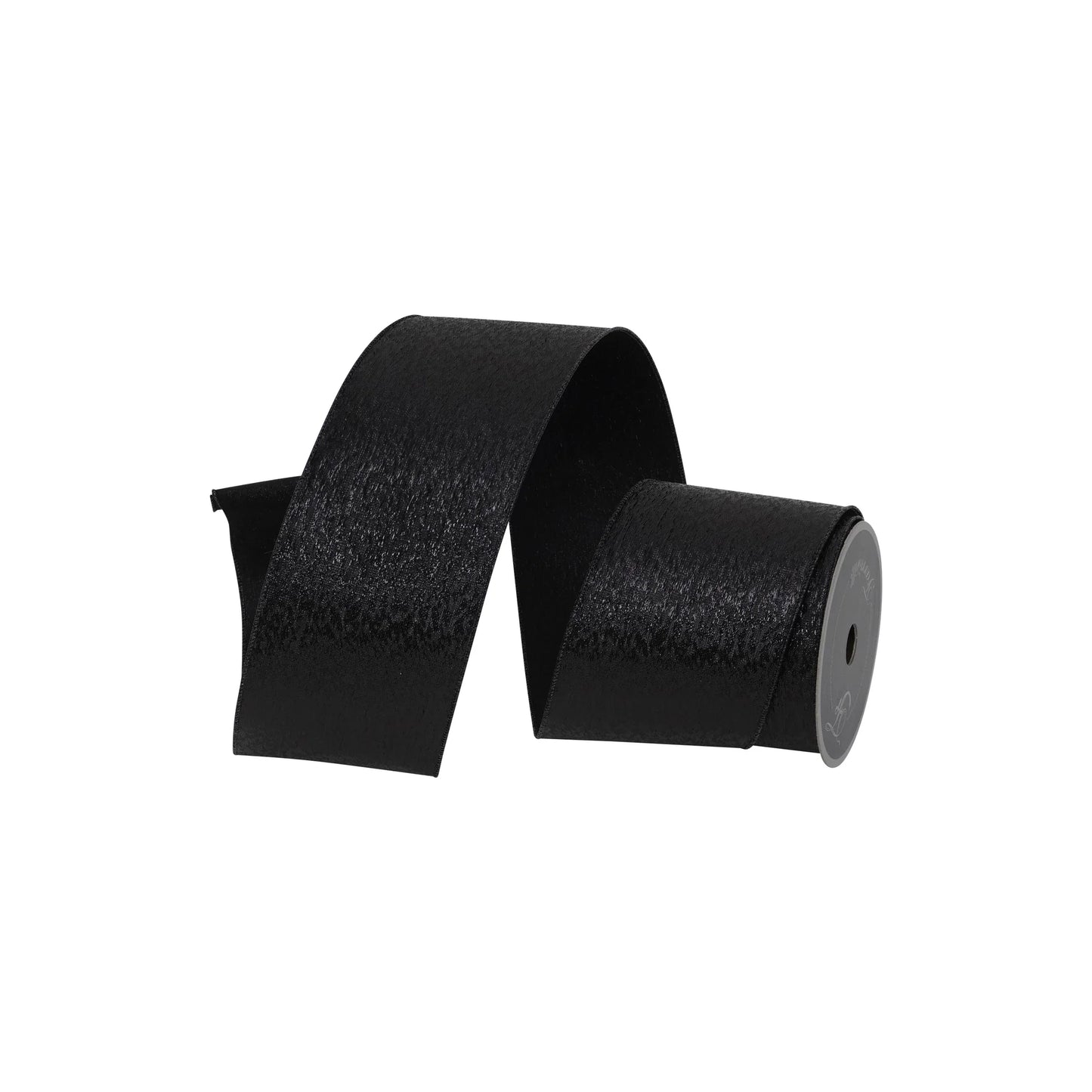 4-inch by 10-yard Metallic Tinsel Black wired ribbon roll with shimmering black finish for wreath making, bows, floral arrangements, and holiday decorating.