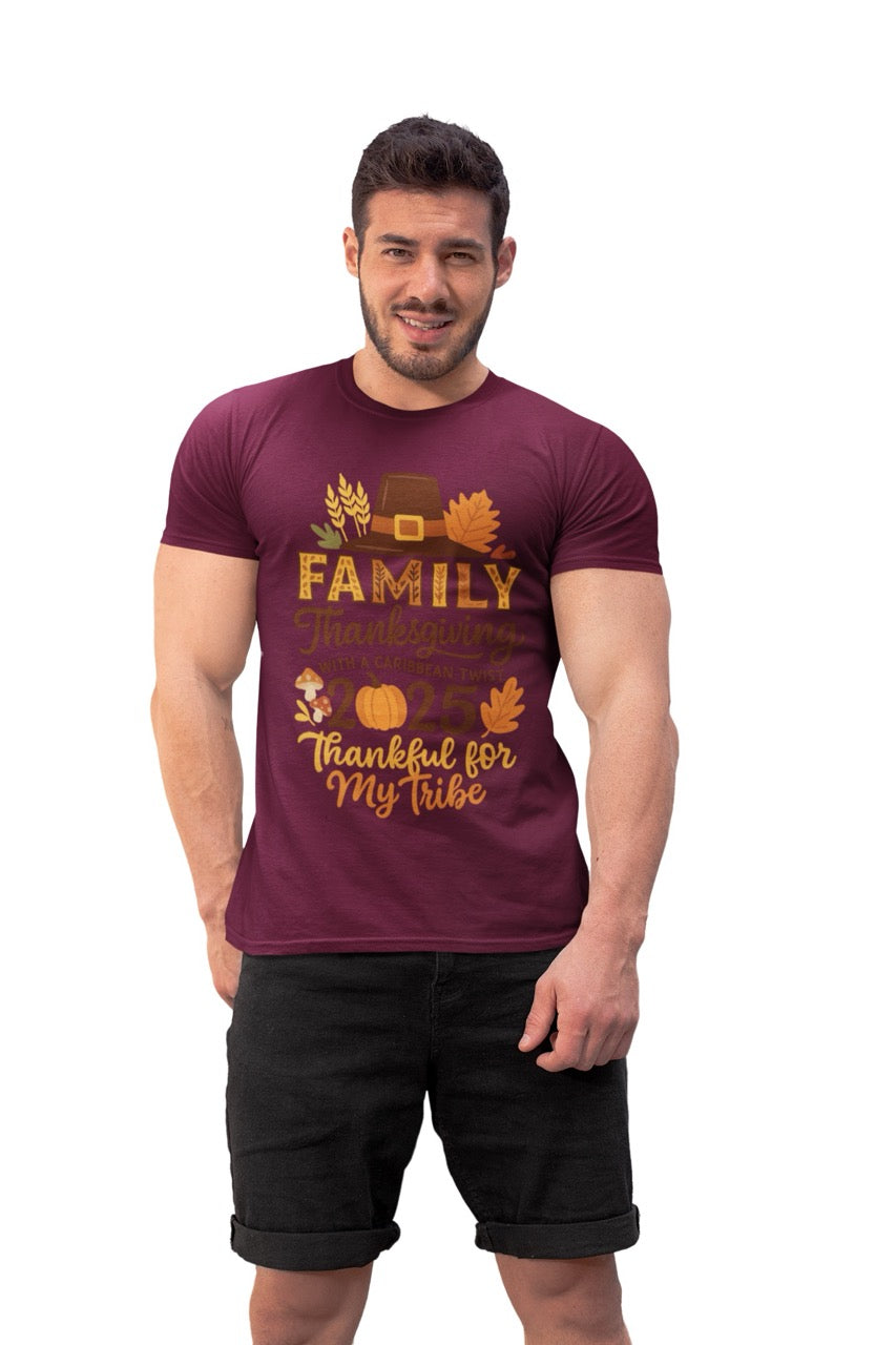 A warm, glowing Thanksgiving 2025 digital artwork featuring the phrase “Family Thanksgiving with a Caribbean Twist – Thankful for My Tribe.” The design showcases a pilgrim hat, autumn leaves, mushrooms, and a pumpkin in cozy shades of orange, brown, and gold. The background radiates a soft amber glow, blending traditional Thanksgiving warmth with tropical island-inspired flair — perfect for celebrating gratitude, family, and Caribbean culture.