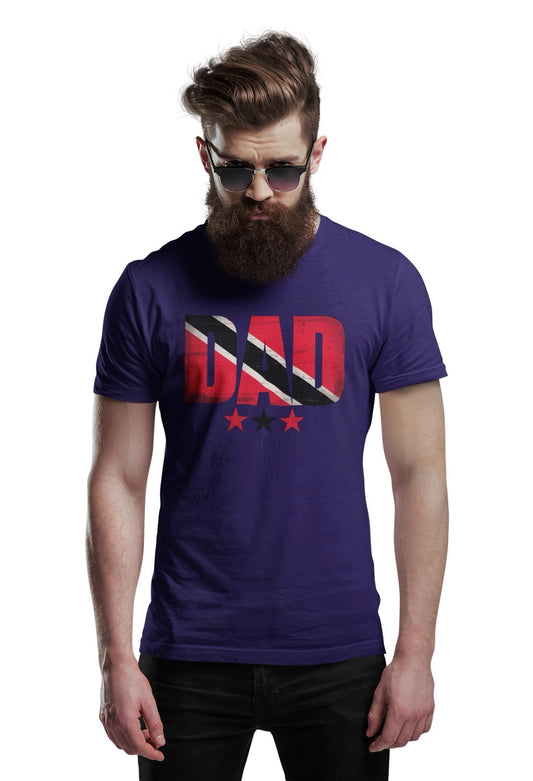 Man wearing a purple T-shirt featuring bold βDADβ text filled with the Trinidad and Tobago flag colors, with three stars beneath the design.