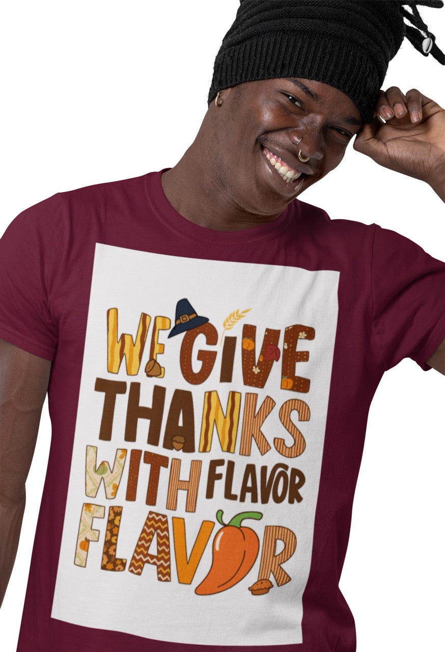 A lively and playful Thanksgiving design featuring the phrase “We Give Thanks with Flavor.” Each letter is styled with warm autumn patterns including pumpkins, leaves, zigzags, stripes, and florals in shades of brown, orange, and gold. The design includes a pilgrim hat, acorns, a chili pepper, and a mini pie, blending classic Thanksgiving imagery with a fun Caribbean-inspired twist that celebrates culture and spice.
