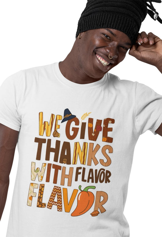 A lively and playful Thanksgiving design featuring the phrase “We Give Thanks with Flavor.” Each letter is styled with warm autumn patterns including pumpkins, leaves, zigzags, stripes, and florals in shades of brown, orange, and gold. The design includes a pilgrim hat, acorns, a chili pepper, and a mini pie, blending classic Thanksgiving imagery with a fun Caribbean-inspired twist that celebrates culture and spice.