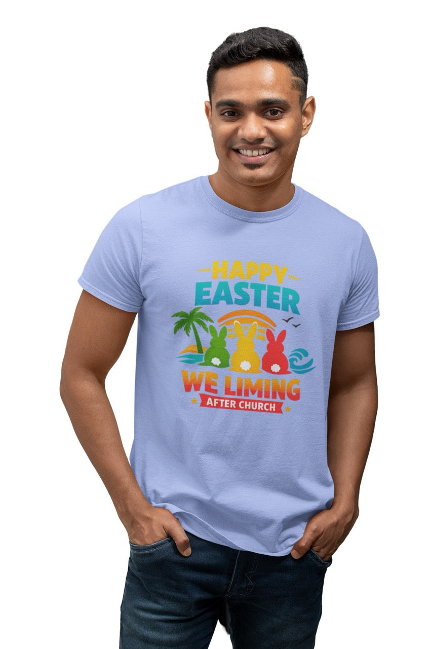 Colorful “Happy Easter We Liming After Church” graphic with three Easter bunny silhouettes in green, yellow, and red sitting by a tropical beach sunset with palm tree, ocean waves, and birds.