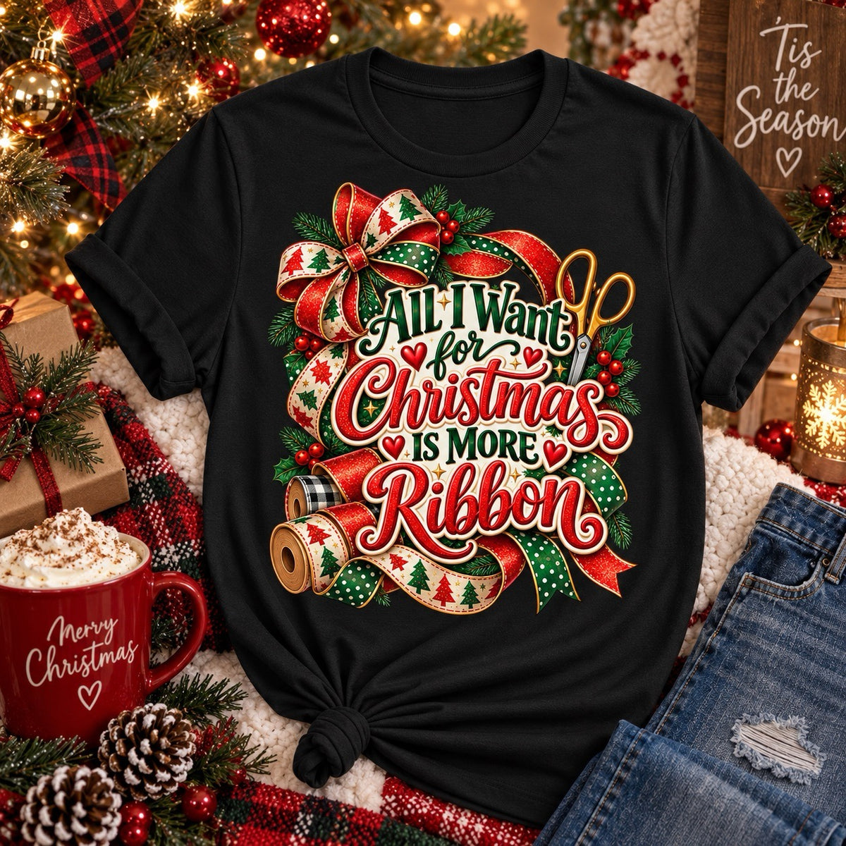 All I Want for Christmas Is More Ribbon black wreath maker shirt with Christmas ribbon and crafting design