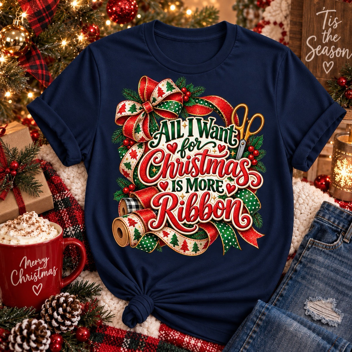 All I Want for Christmas Is More Ribbon navy wreath maker shirt with Christmas ribbon and crafting design
