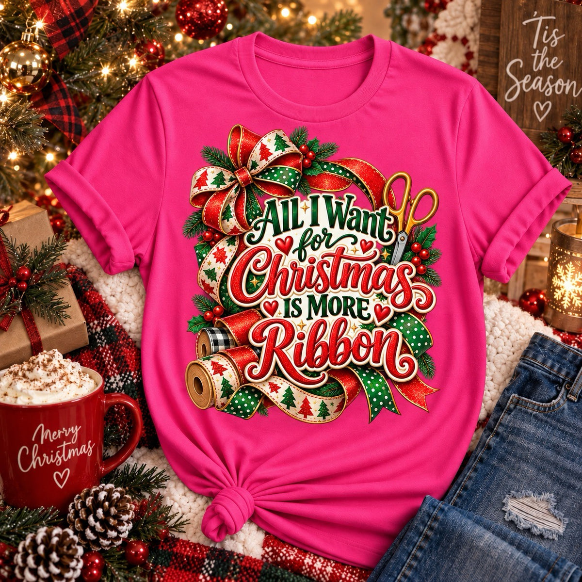 All I Want for Christmas Is More Ribbon hot pink wreath maker shirt with Christmas ribbon and crafting design