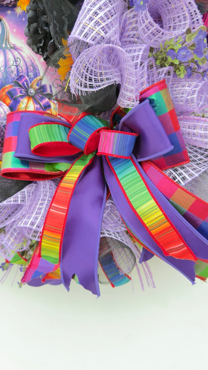 Close-up of purple and rainbow wired ribbon bow on handmade Halloween wreath