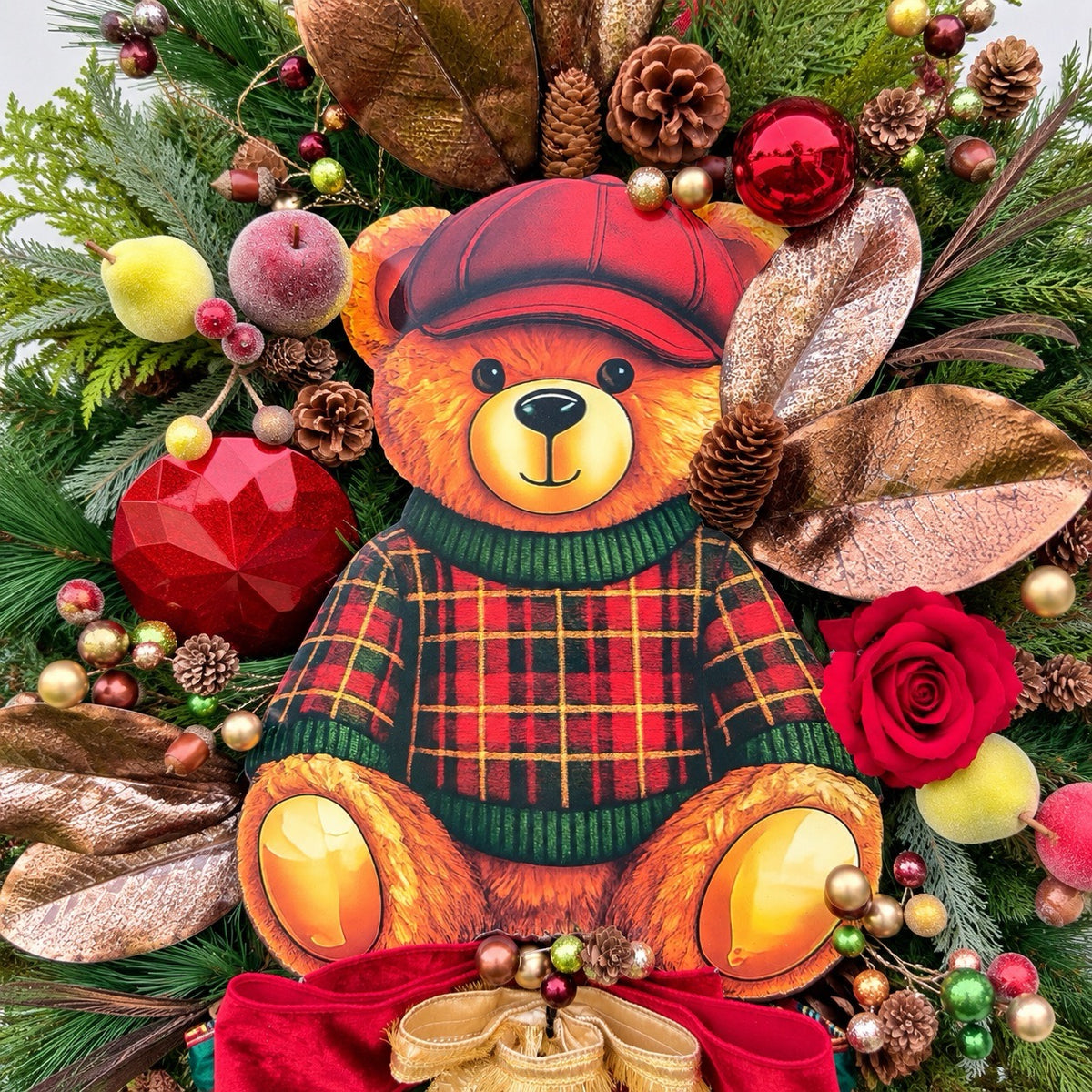Teddy Bear Tartan Christmas Wreath – Traditional Red, Green & Gold Holiday Door Décor