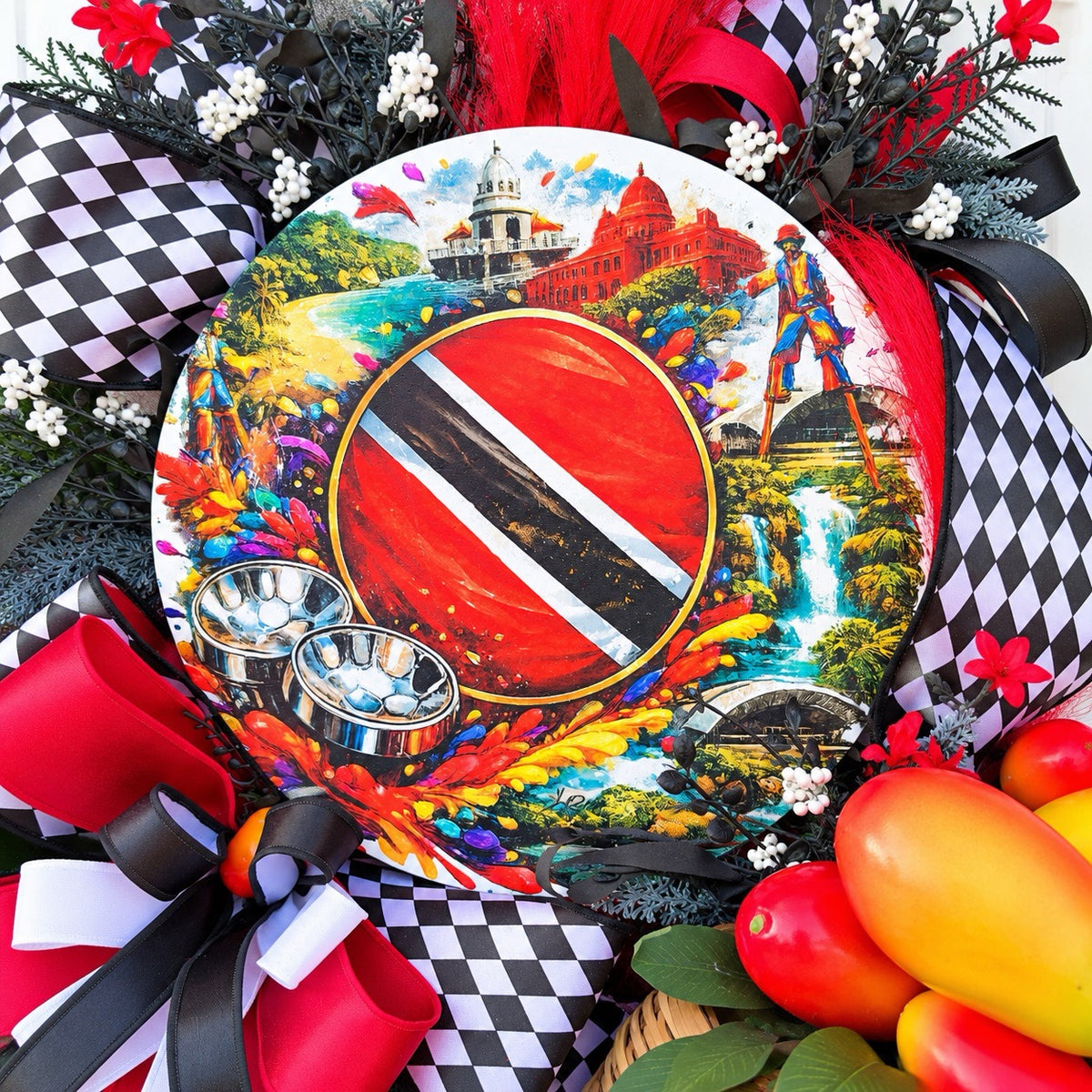Close-up of colorful Trinidad and Tobago wreath centerpiece featuring the national flag, Caribbean-inspired illustrations and decorative tropical accents.
