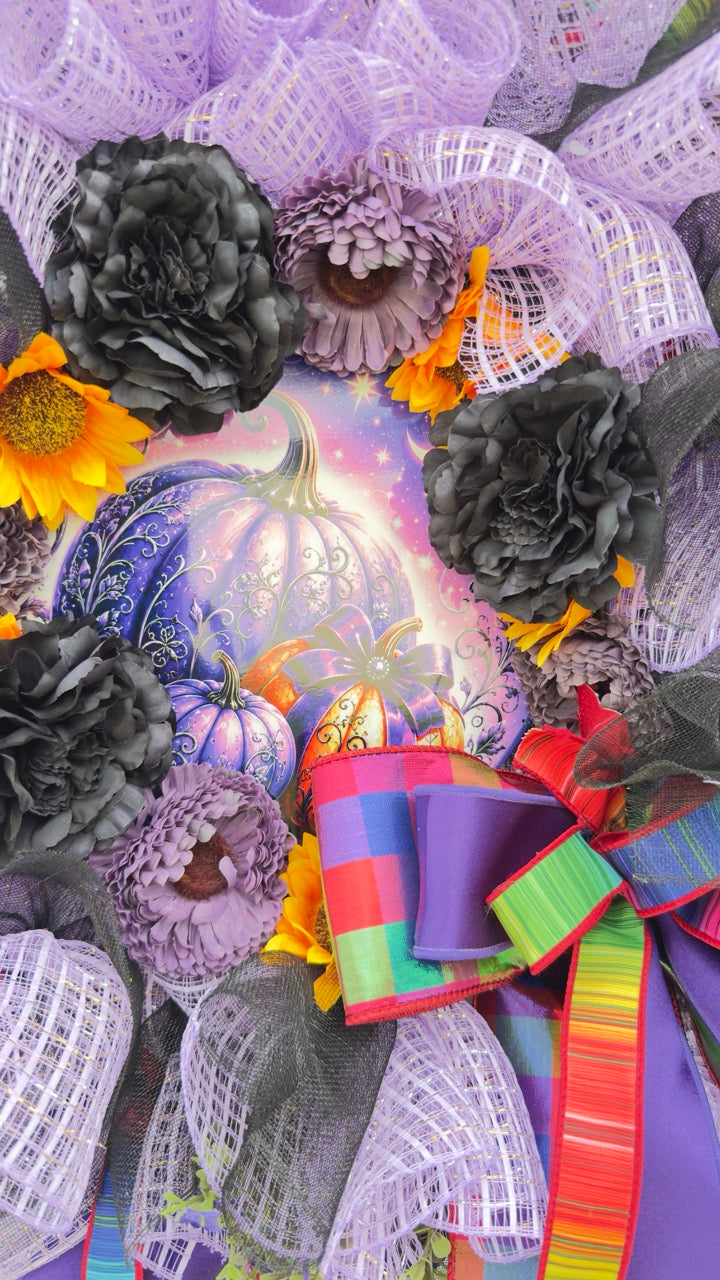 Close-up of enchanted purple and orange pumpkin centerpiece on Velvet Eclipse Halloween wreath