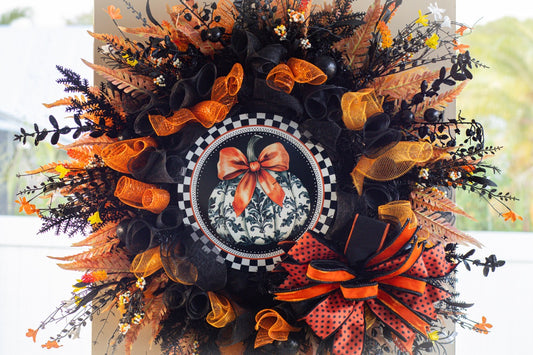 Luxury Halloween wreath with orange bow black mesh and fall foliage