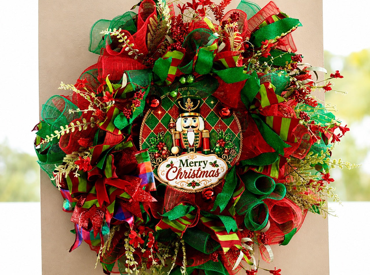 Handcrafted red and emerald green Nutcracker Christmas wreath with Merry Christmas centerpiece, glitter ribbon, ornaments, berries, mesh, and gold accents.
