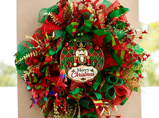 Handcrafted red and emerald green Nutcracker Christmas wreath with Merry Christmas centerpiece, glitter ribbon, ornaments, berries, mesh, and gold accents.