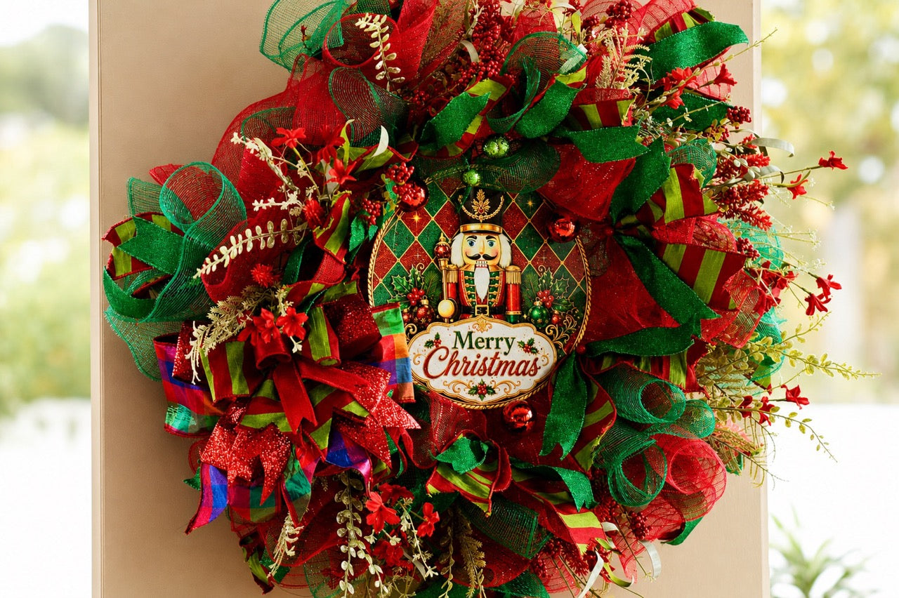 Handcrafted red and emerald green Nutcracker Christmas wreath with Merry Christmas centerpiece, glitter ribbon, ornaments, berries, mesh, and gold accents.