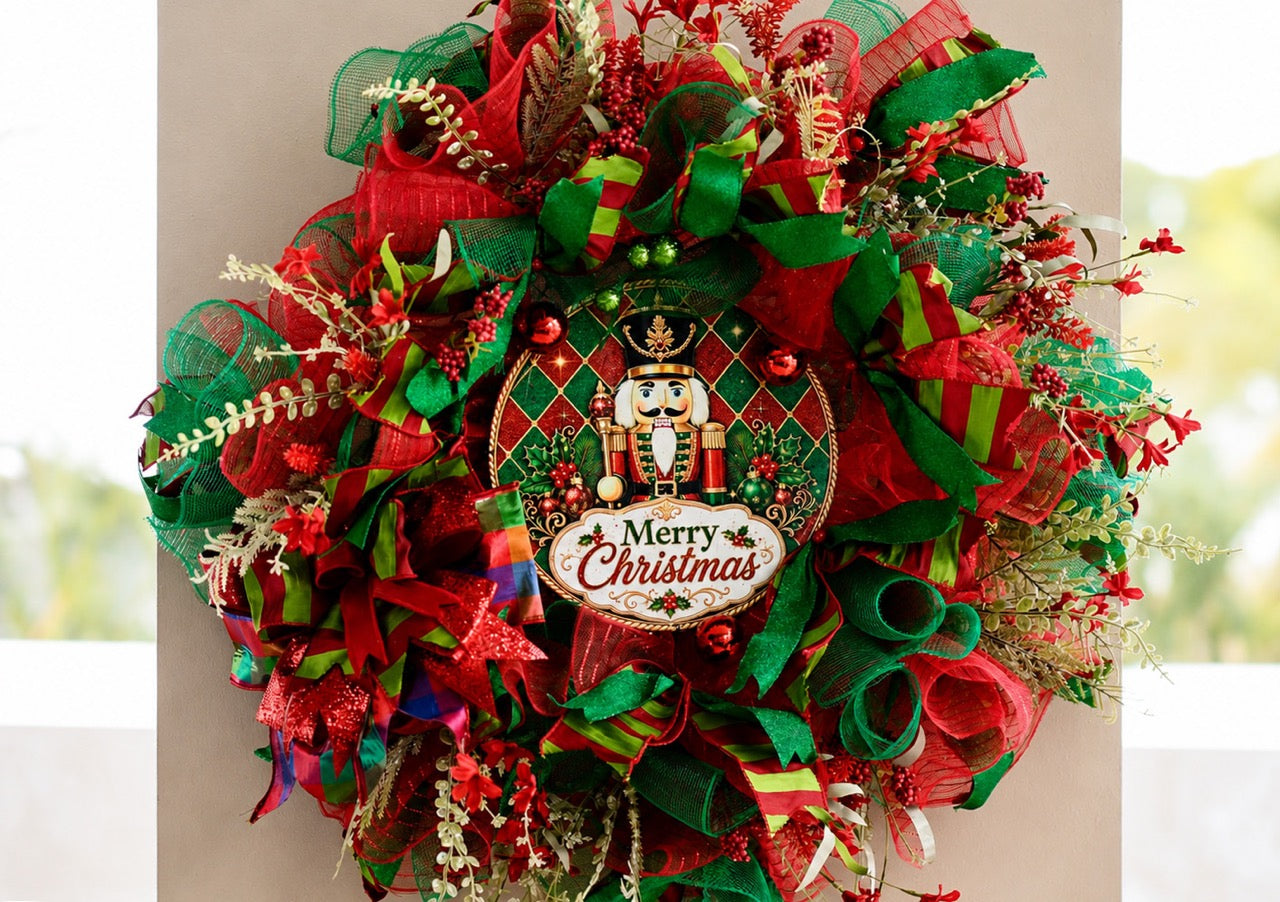 Handcrafted red and emerald green Nutcracker Christmas wreath with Merry Christmas centerpiece, glitter ribbon, ornaments, berries, mesh, and gold accents.