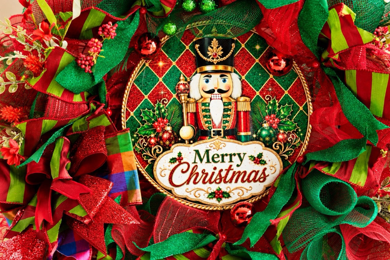 Handcrafted red and emerald green Nutcracker Christmas wreath with Merry Christmas centerpiece, glitter ribbon, ornaments, berries, mesh, and gold accents.