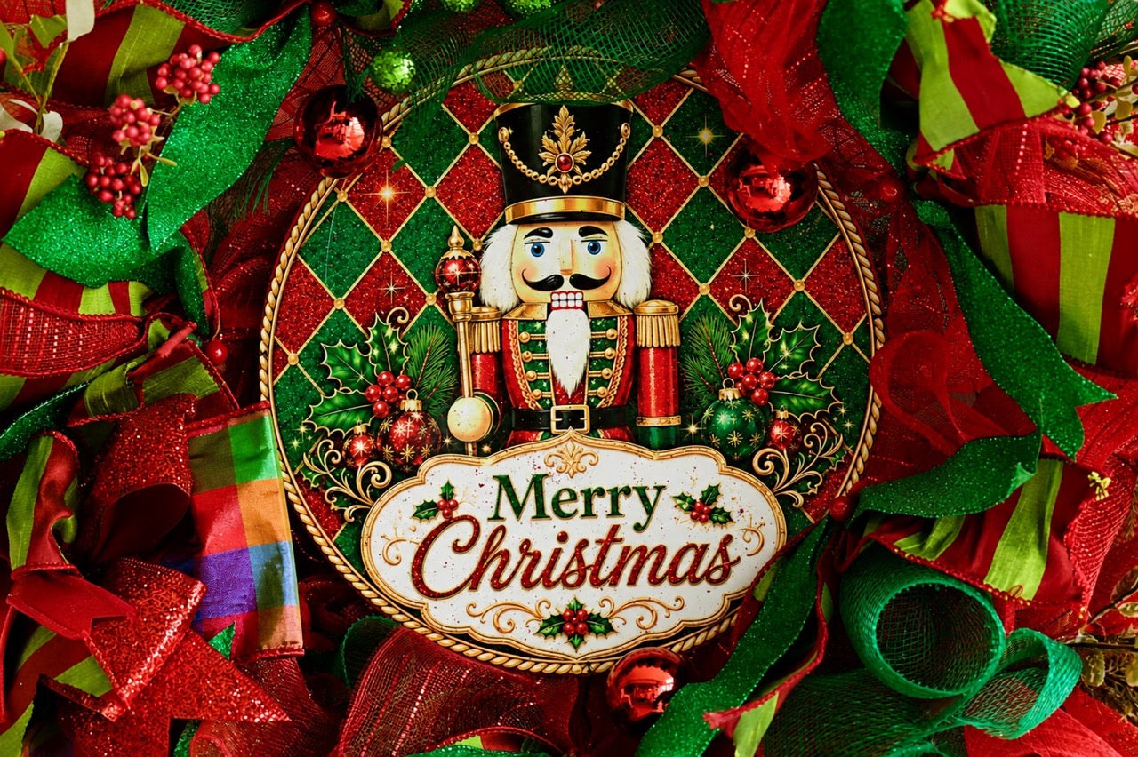 Handcrafted red and emerald green Nutcracker Christmas wreath with Merry Christmas centerpiece, glitter ribbon, ornaments, berries, mesh, and gold accents.