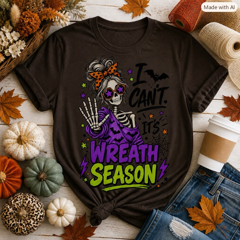 Wreath maker shirt with playful skeleton fall design, ideal gift for crafters
