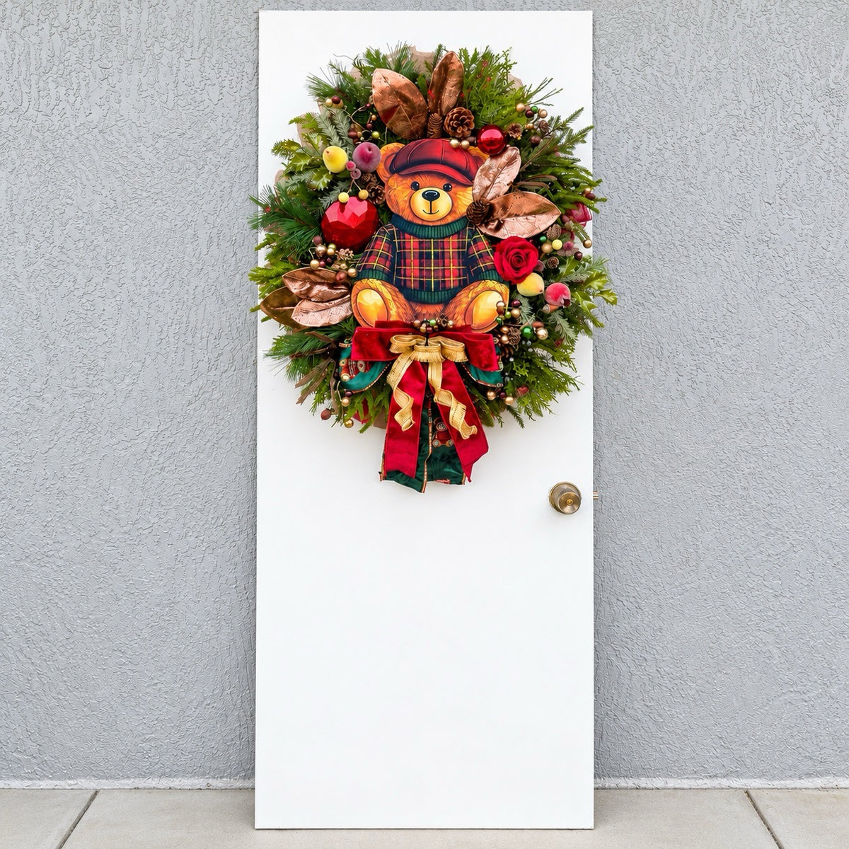 Teddy Bear Tartan Christmas Wreath – Traditional Red, Green & Gold Holiday Door Décor