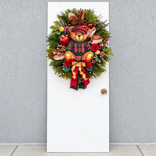 Teddy Bear Tartan Christmas Wreath – Traditional Red, Green & Gold Holiday Door Décor