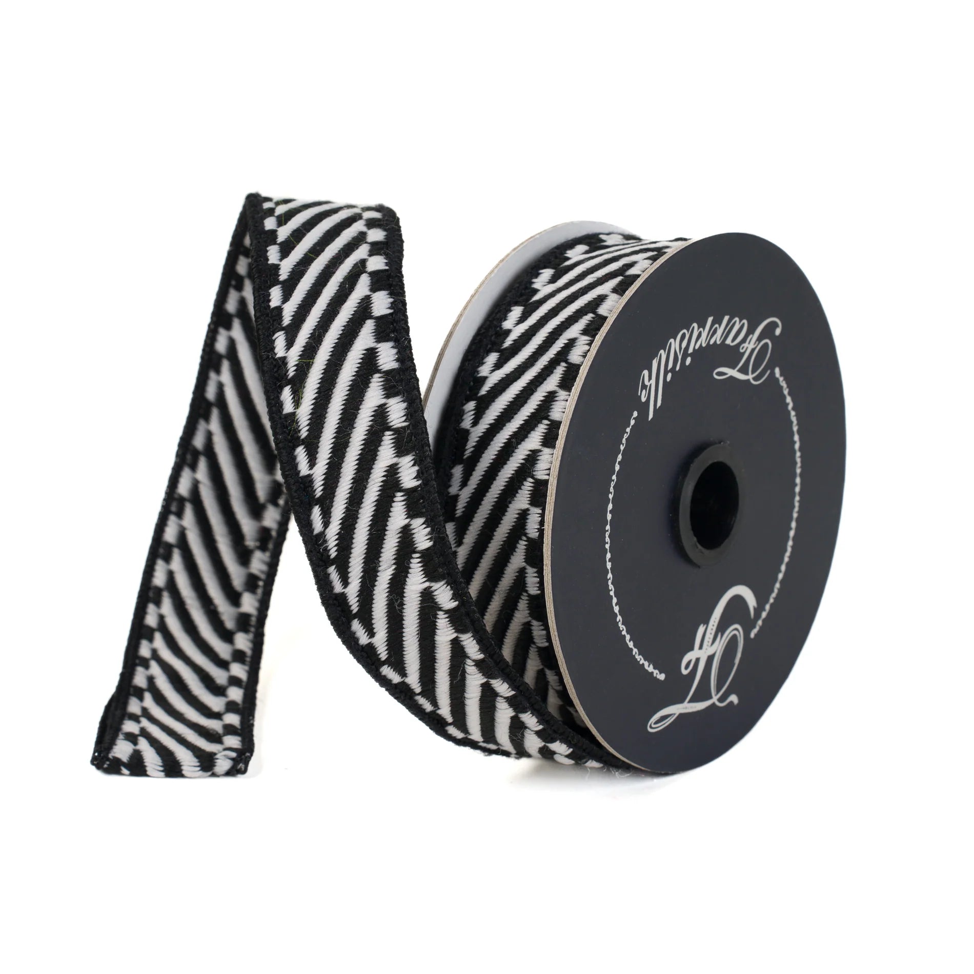 Shapeshifter 1-inch by 10-yard black and white geometric wired ribbon with thick wired edges and reinforced backing for wreath making, bows, floral arrangements, gift wrapping, and home décor.