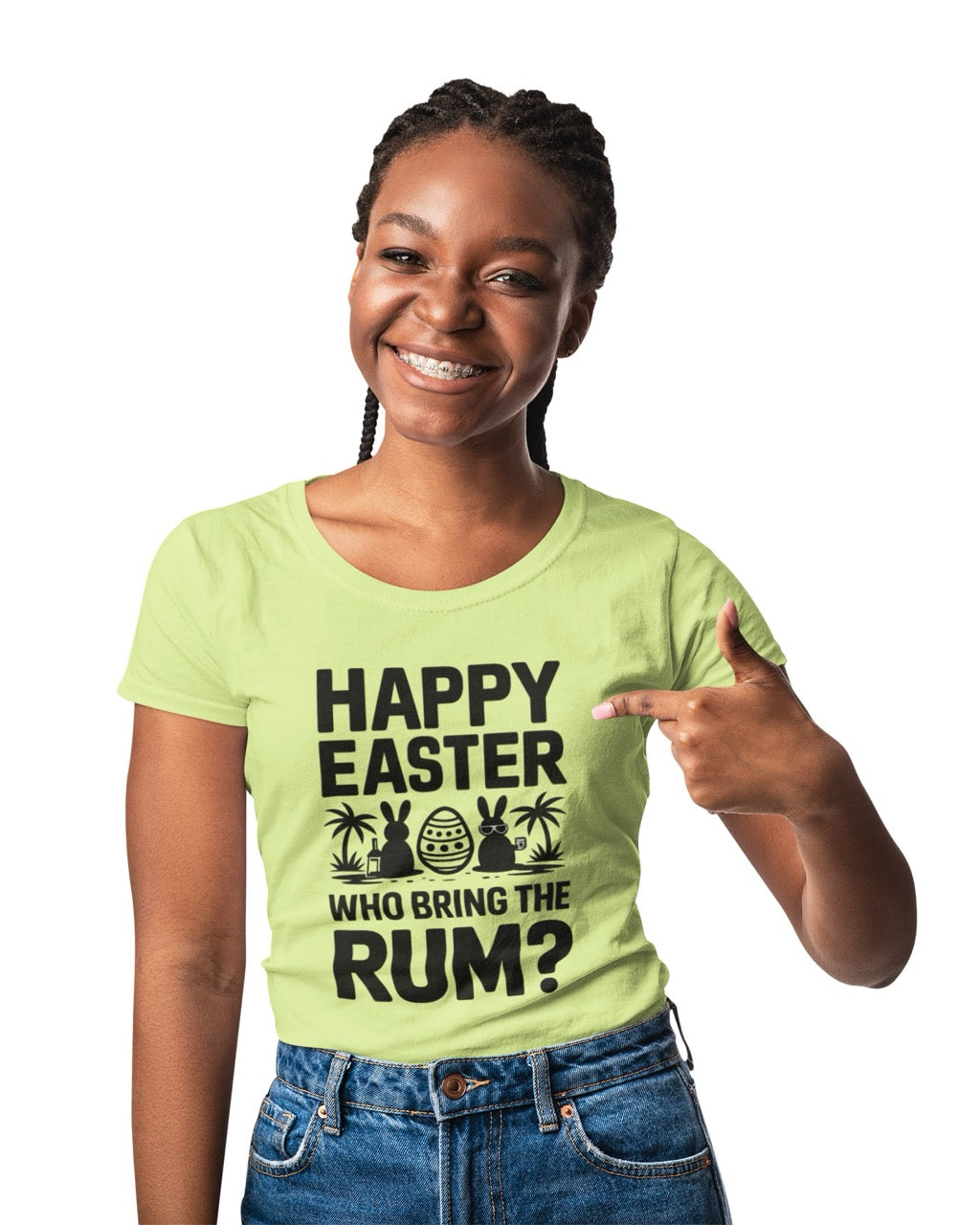 Humorous tropical Easter design featuring sunglasses, rum drink icon, palm trees, and the phrase “Happy Easter I Came for the Rum.”