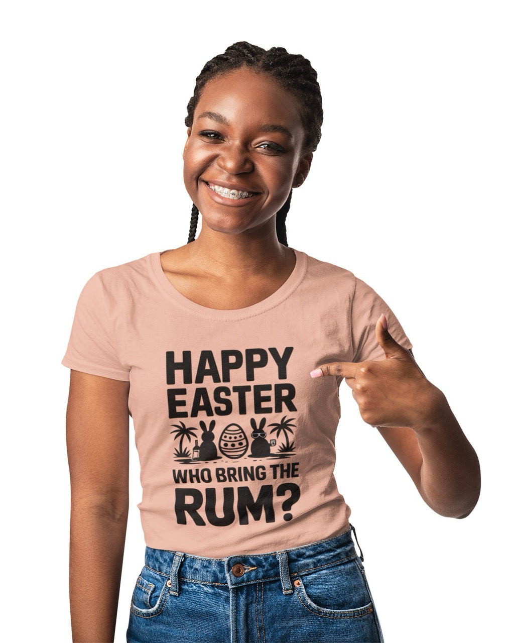 Humorous tropical Easter design featuring sunglasses, rum drink icon, palm trees, and the phrase “Happy Easter I Came for the Rum.”