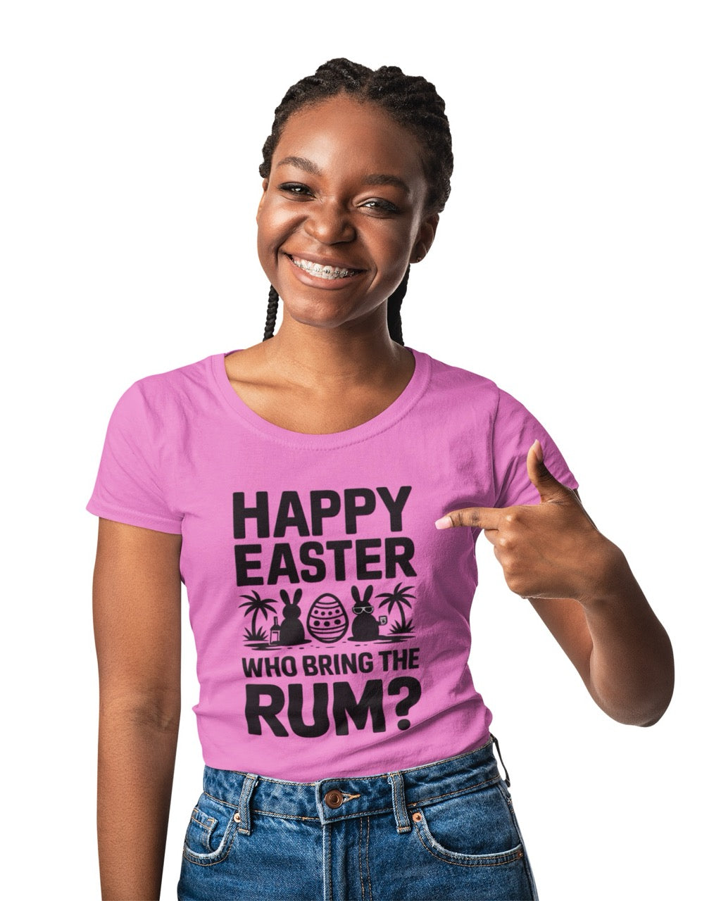 Humorous tropical Easter design featuring sunglasses, rum drink icon, palm trees, and the phrase “Happy Easter I Came for the Rum.”
