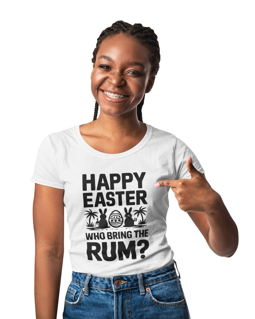 Humorous tropical Easter design featuring sunglasses, rum drink icon, palm trees, and the phrase “Happy Easter I Came for the Rum.”