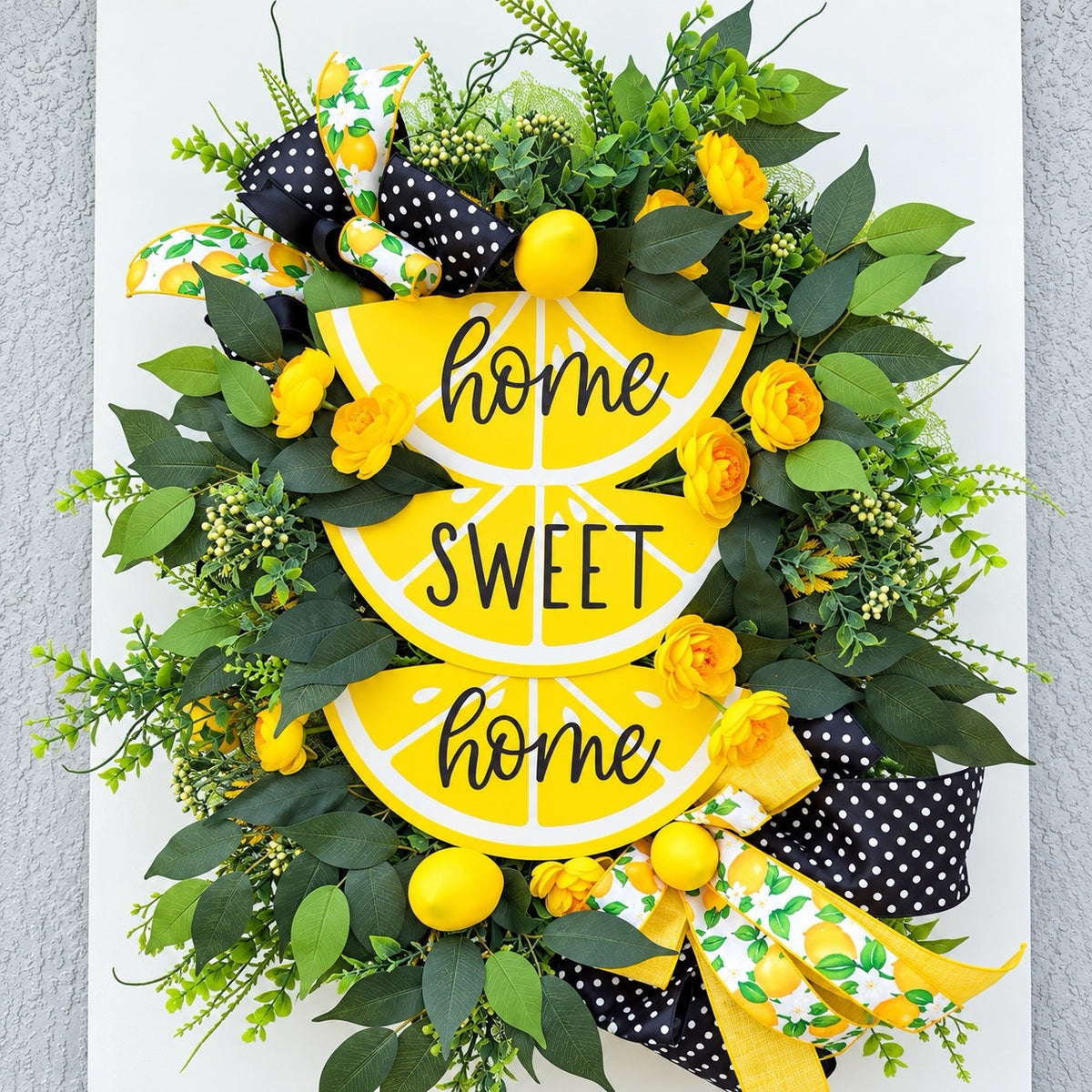 Handmade Lemon Sweet Home Summer Wreath featuring a yellow lemon-slice Home Sweet Home sign, bright yellow roses, decorative lemons, lush green foliage, and black-and-white polka-dot ribbon displayed on a white door.