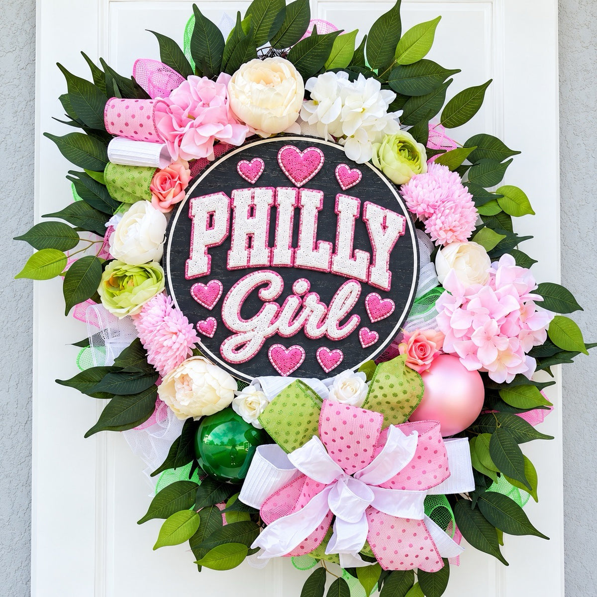 Handmade Philly Girl pink and green floral wreath featuring a black Philadelphia-inspired centerpiece, pink flowers, ivory blooms, green foliage, decorative ornaments, and layered ribbons displayed on a white front door.