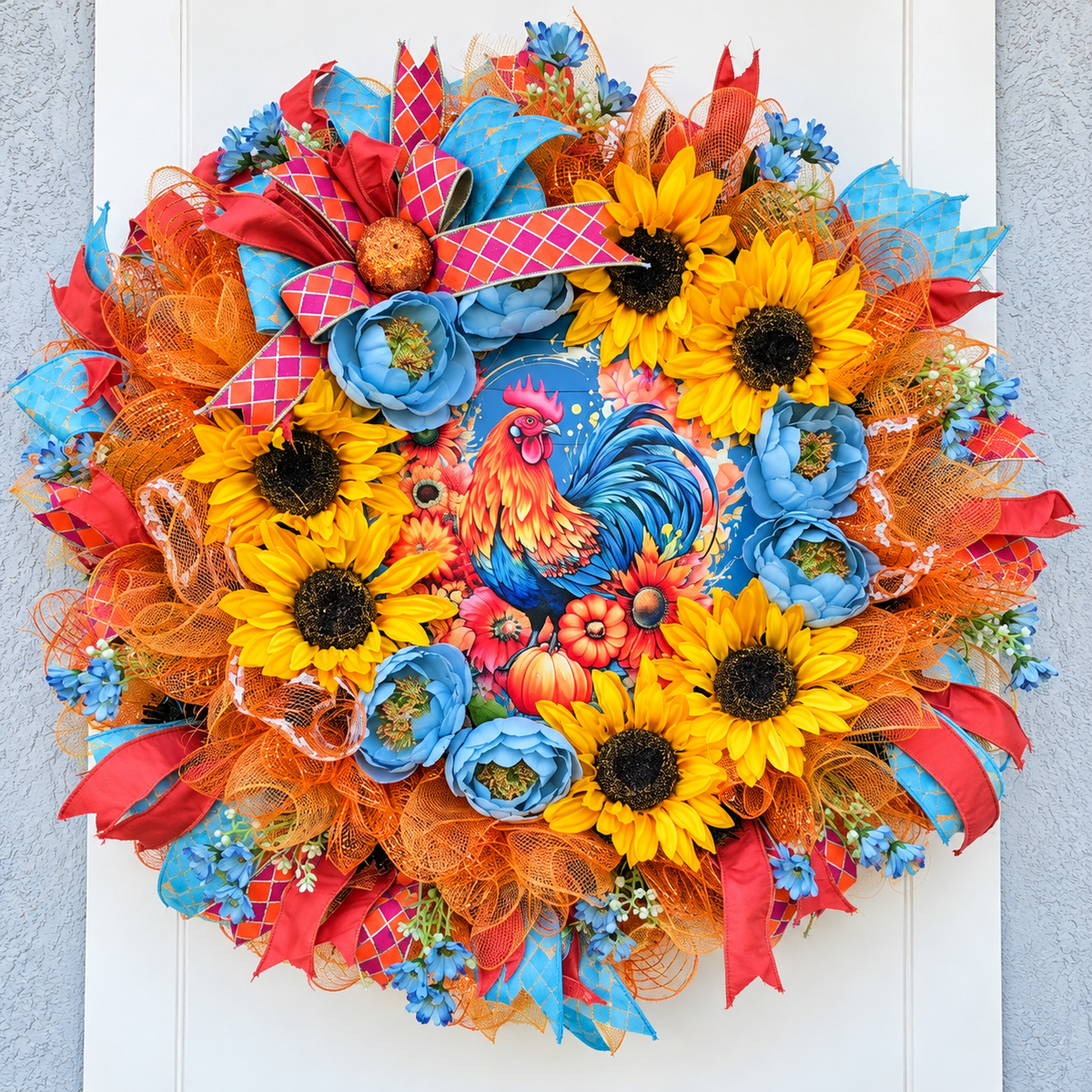 Handmade fall rooster wreath featuring vibrant yellow sunflowers, dusty blue flowers, orange deco mesh, coral and turquoise ribbons, and a colorful rooster centerpiece. A full farmhouse-style autumn wreath displayed on a white front door.