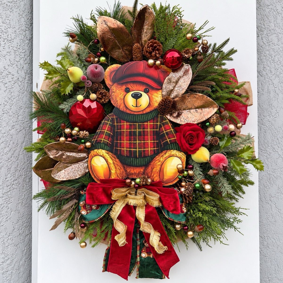 Teddy Bear Tartan Christmas Wreath – Traditional Red, Green & Gold Holiday Door Décor