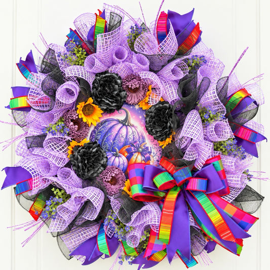 Velvet Eclipse purple Halloween wreath with enchanted pumpkin centerpiece, florals and colorful ribbon bow