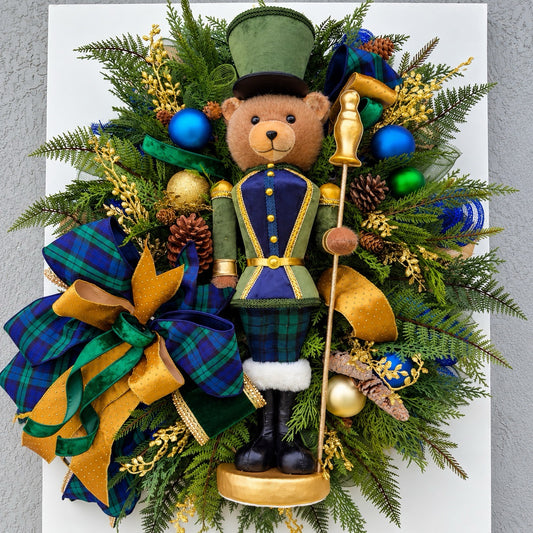 Woodland Guardsman teddy bear luxury Christmas wreath with navy, forest green, tartan plaid and gold accents by Trini Magic