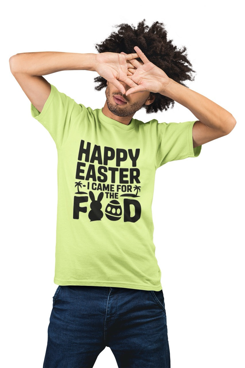 Black and white Easter T-shirt design with bold text reading “Happy Easter I Came for the Food,” featuring a bunny silhouette, Easter egg, and tropical palm trees arranged around the lettering.
