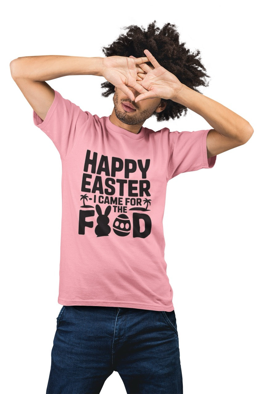 Black and white Easter T-shirt design with bold text reading “Happy Easter I Came for the Food,” featuring a bunny silhouette, Easter egg, and tropical palm trees arranged around the lettering.