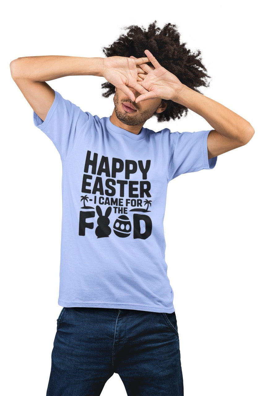 Black and white Easter T-shirt design with bold text reading “Happy Easter I Came for the Food,” featuring a bunny silhouette, Easter egg, and tropical palm trees arranged around the lettering.