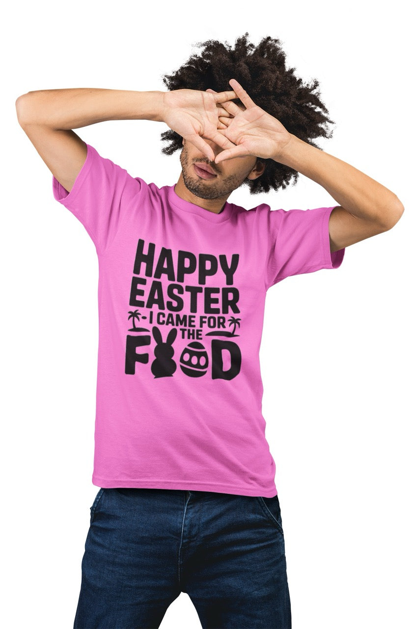 Black and white Easter T-shirt design with bold text reading “Happy Easter I Came for the Food,” featuring a bunny silhouette, Easter egg, and tropical palm trees arranged around the lettering.