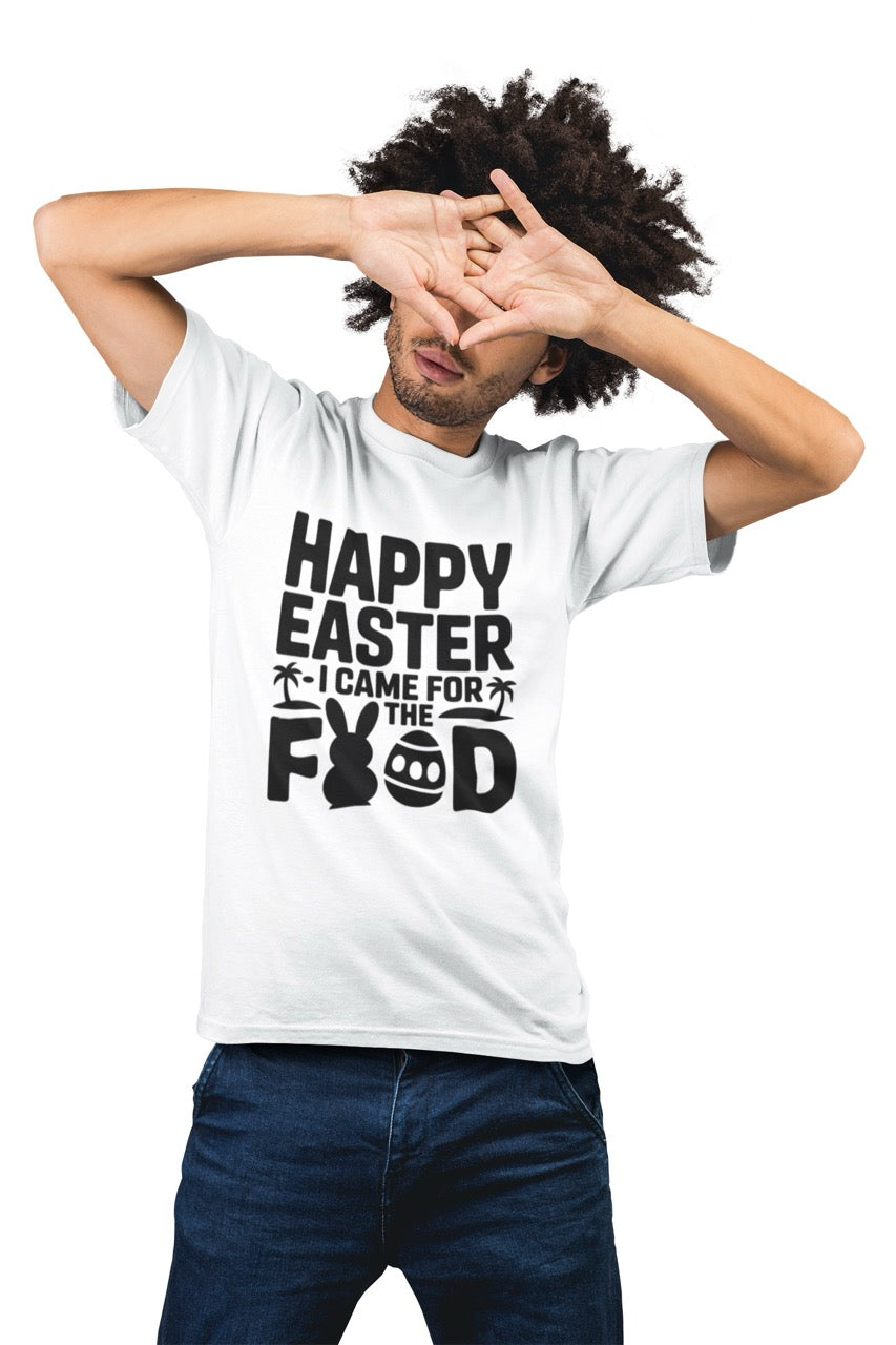 Black and white Easter T-shirt design with bold text reading “Happy Easter I Came for the Food,” featuring a bunny silhouette, Easter egg, and tropical palm trees arranged around the lettering.