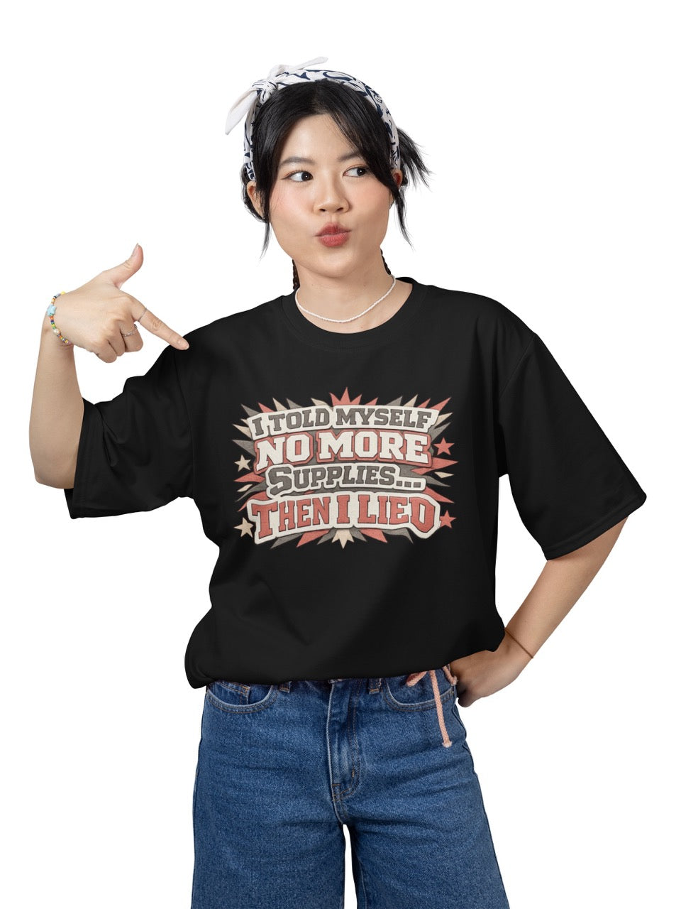 Funny crafter t-shirt featuring the phrase “I Told Myself No More Supplies… Then I Lied” in bold vintage-style lettering, perfect for wreath makers, DIY creators, and craft lovers.