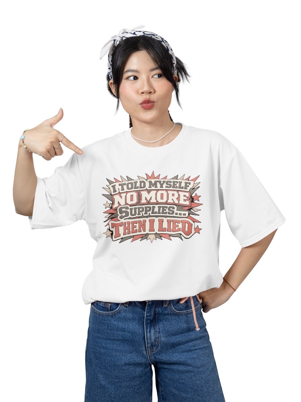 Funny crafter t-shirt featuring the phrase “I Told Myself No More Supplies… Then I Lied” in bold vintage-style lettering, perfect for wreath makers, DIY creators, and craft lovers.