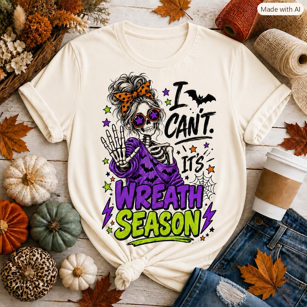Wreath maker shirt with playful skeleton fall design, ideal gift for crafters