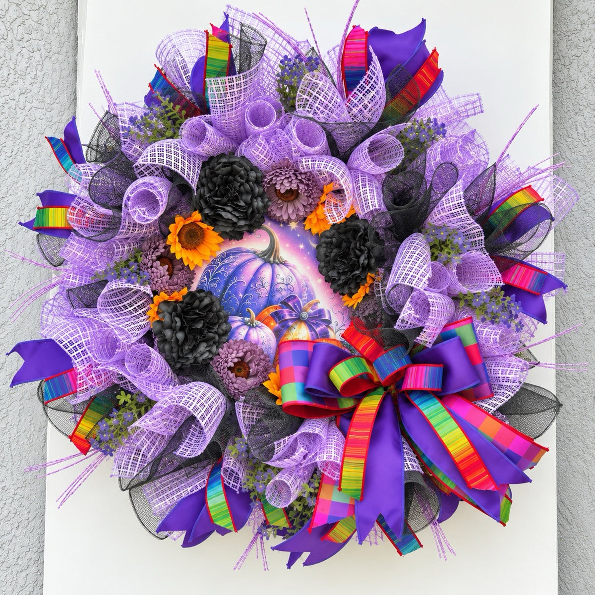 Side view showing the full layered depth of the Velvet Eclipse handmade Halloween wreath