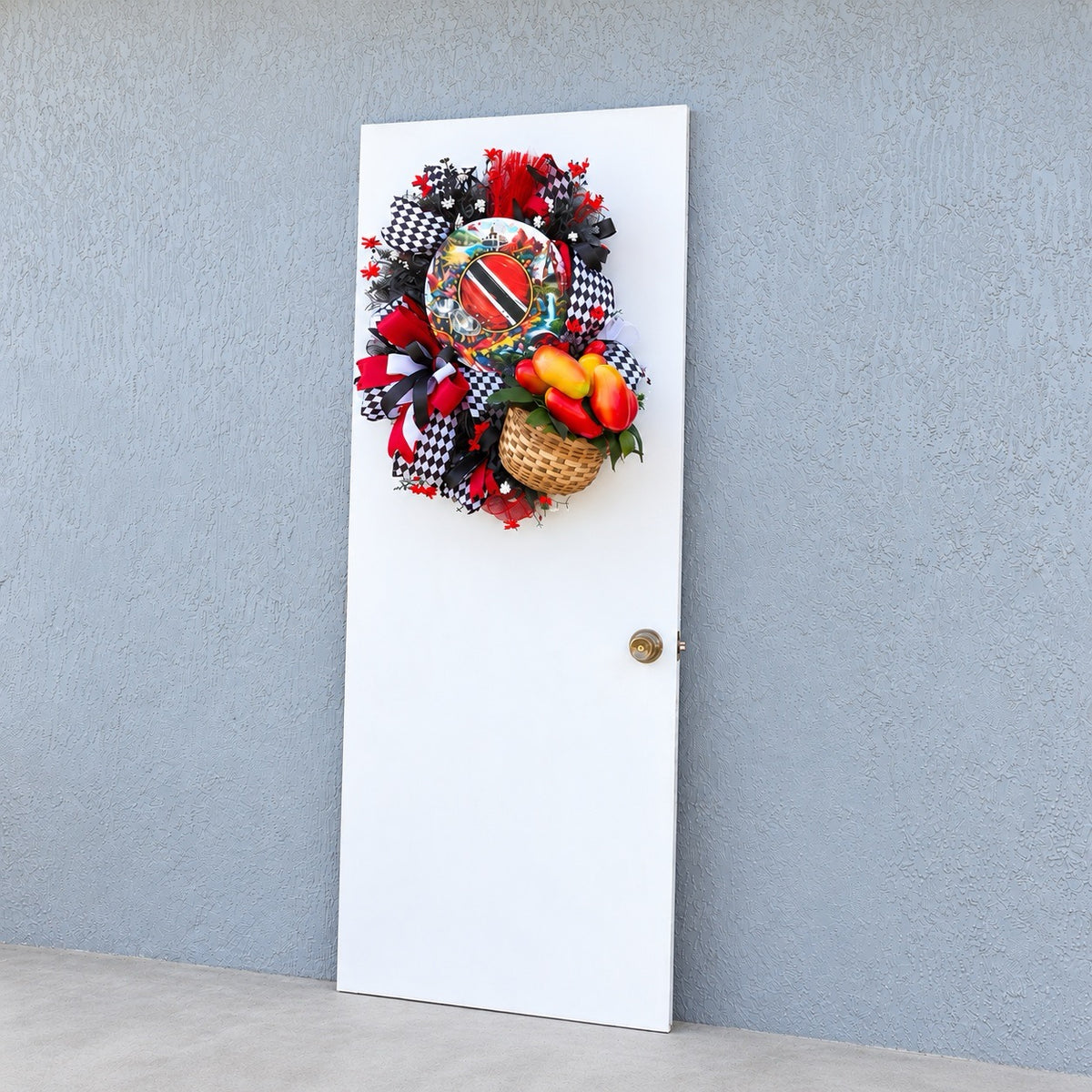 Trinidad and Tobago handmade wreath displayed as colorful Caribbean-inspired front door decor celebrating island heritage and tropical style.